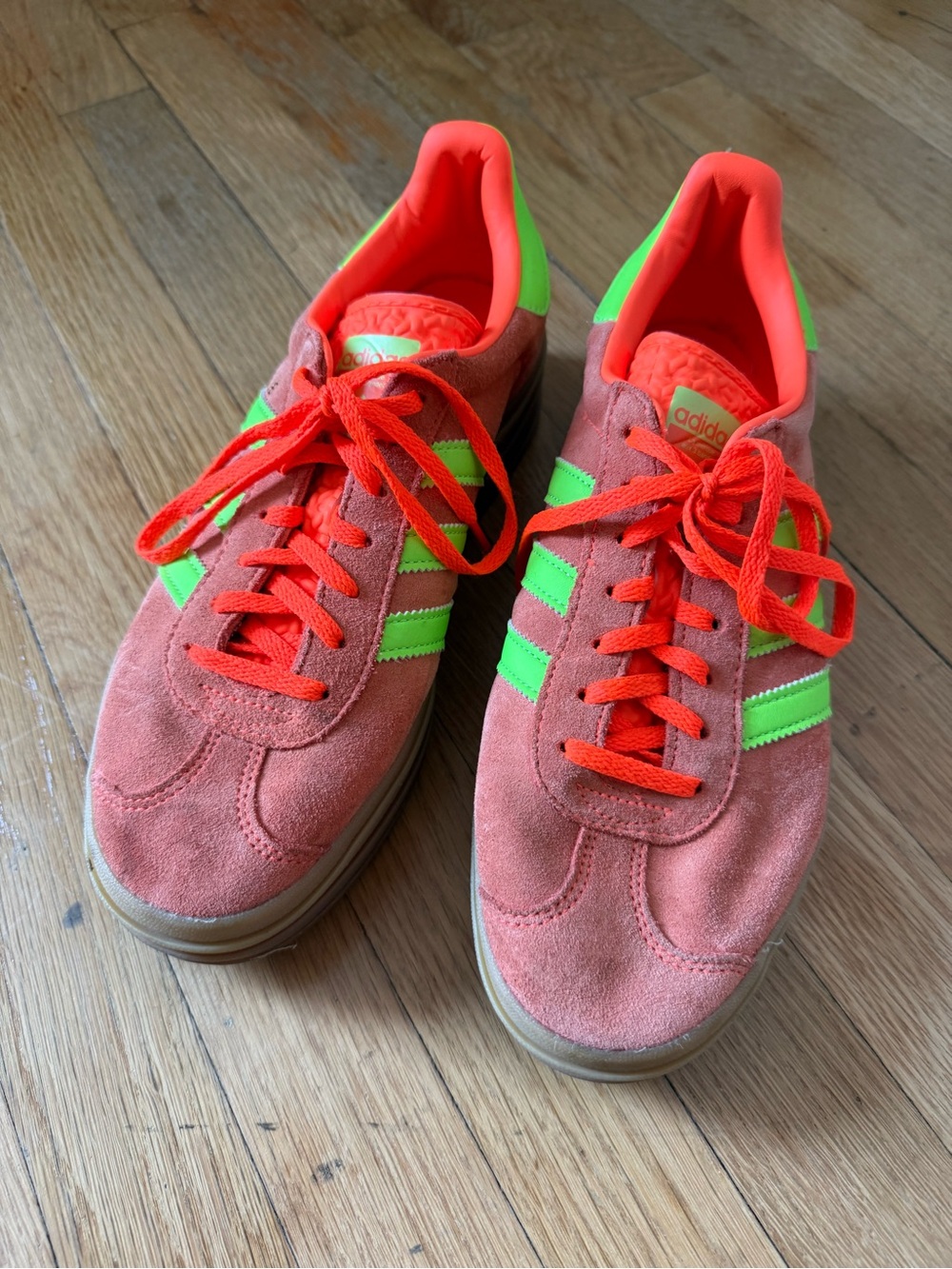adidas gazelle Women Coral Suede Sneakers with Neon Green Stripes